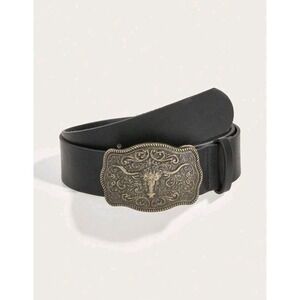 Western Belt Black Faux Leather Antique Gold Steer Head Boho Cowgirl  Size‎ 90